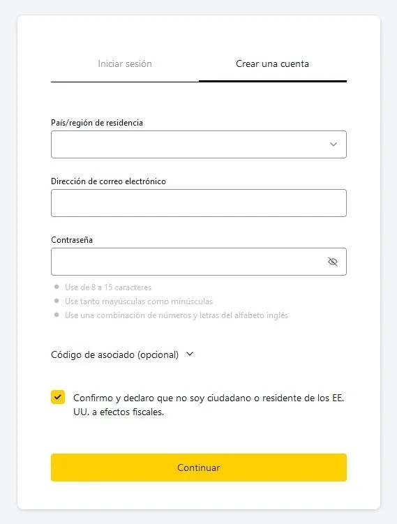 Proceso de registro en la aplicación Exness